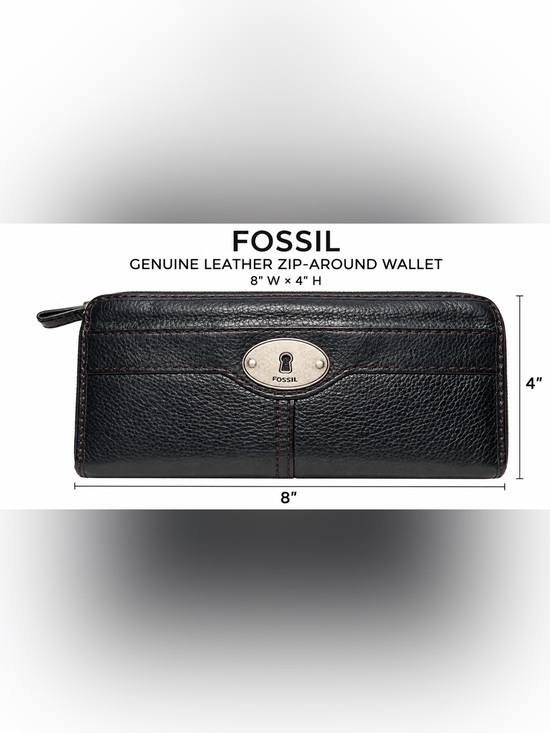 Fossil Handbags - Fossil Black Genuine Leather Zip Around Wallet Keyhole Logo Organizer 8x4